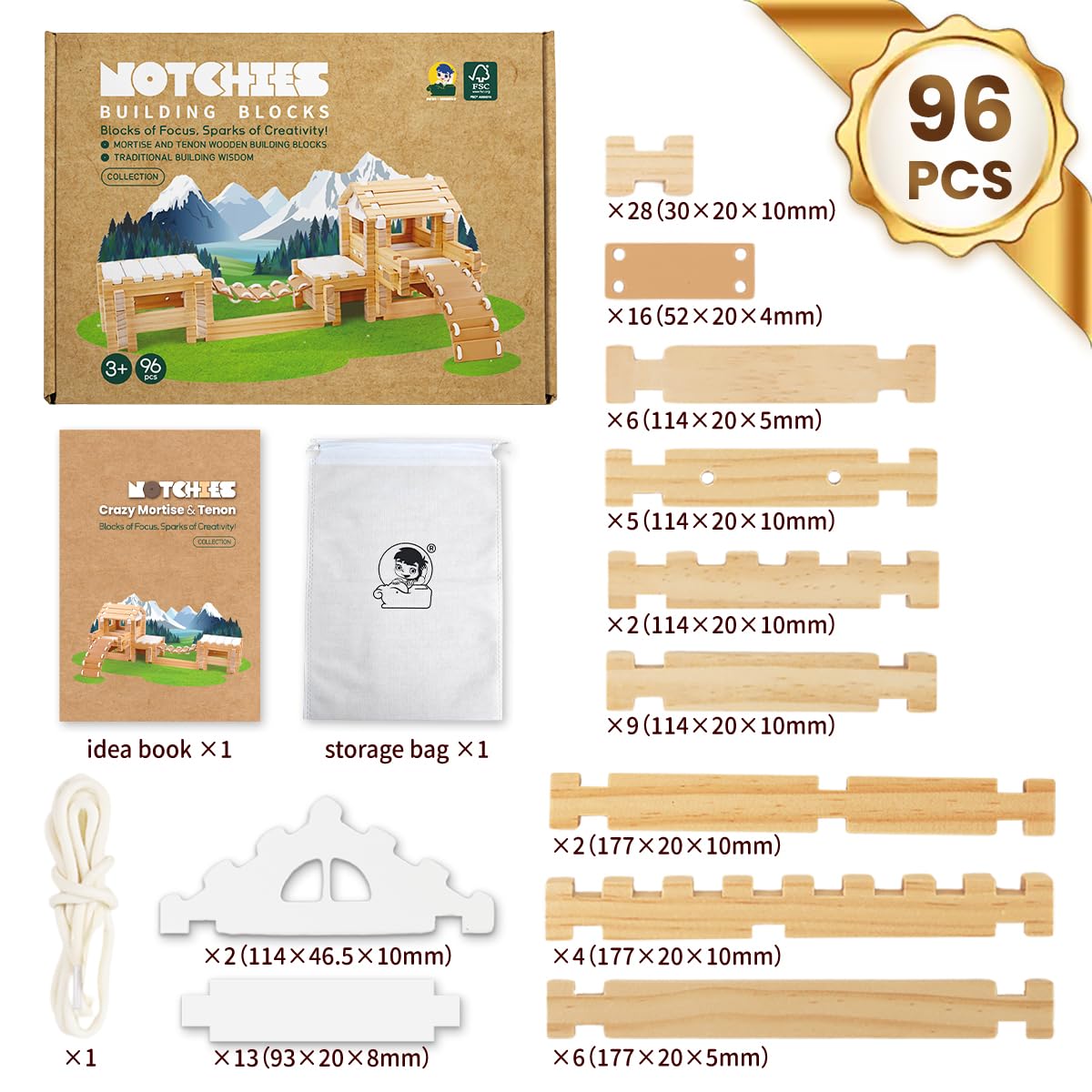 Jovi-Mindly & Notchies - Juego de 96 bloques de construcción de madera para niños a partir de 4 años, construcción creativa, cabaña imaginativa con bolsa de almacenamiento, juguete educativo STEM para