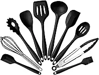 JG STORE Kit 10 Peças Jogo De Utensílios De Silicone Maciço Cozinha Inox Pegador Espátula Colher Concha Pincel (Preto)