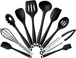 JG STORE Kit 10 Peças Jogo De Utensílios De Silicone Maciço Cozinha Inox Pegador Espátula Colher Concha Pincel (Preto)