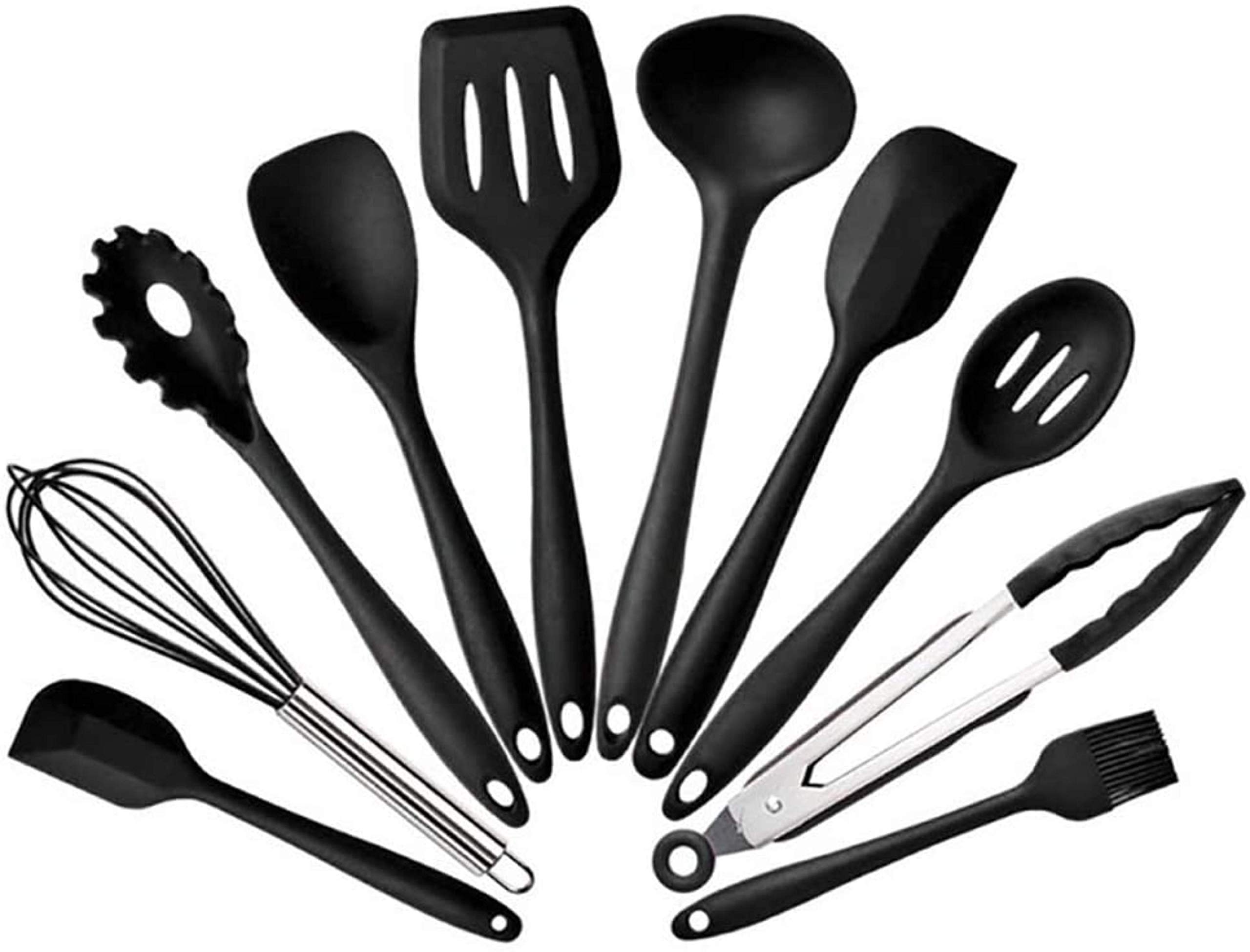 JG STORE Kit 10 Peças Jogo De Utensílios De Silicone Maciço Cozinha Inox Pegador Espátula Colher Concha Pincel (Preto)