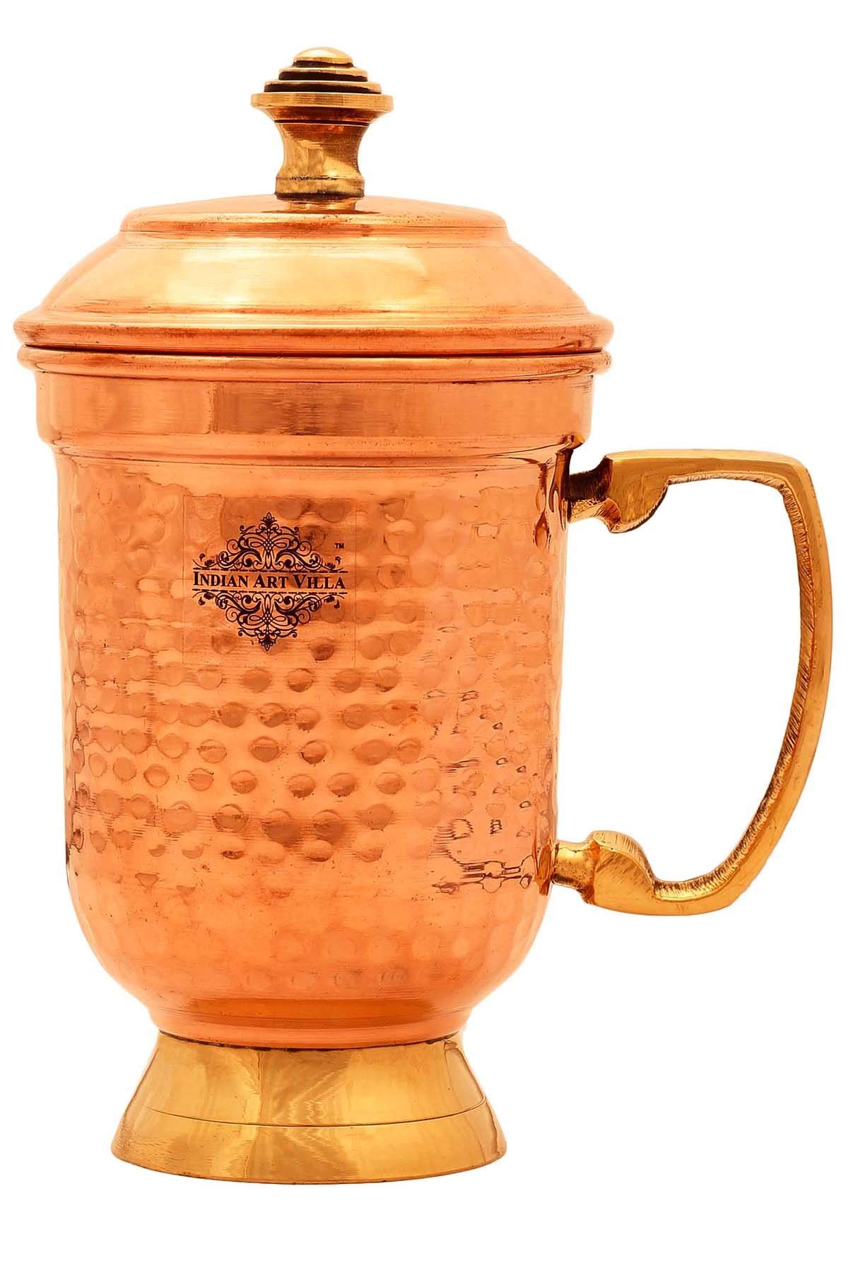 Indian Art Villa Designer Copper Hammered Beer Mug with Lid, Barware, 17 OZ