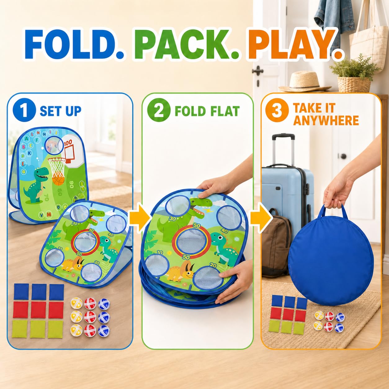 Gioco di lancio 6 in 1 a sacco di dinosauro - Giocattoli all'aperto per bambini 1-3, alfabeto ABC e apprendimento matematico - Gioco per feste in giardino per