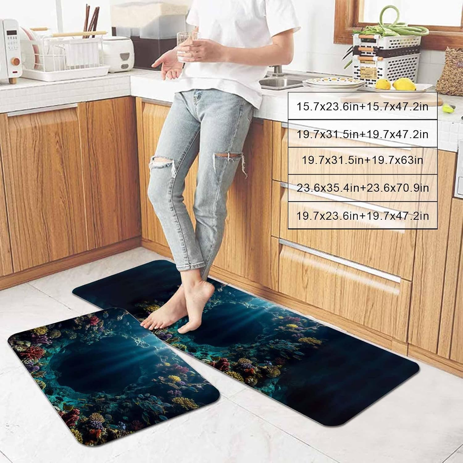 Underwater Hole Kitchen Mat Set 2 Pieces Nautical Coastal Ocean Sea Red Purple Yellow Coral Non Slip Kitchen Rugs Washable Runner Rug Mats for Floor Sink Laundry Office 19.7" x 31.5"+19.7" x 63"