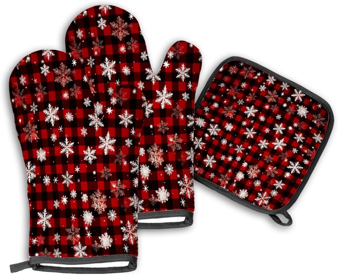 Christmas Oven Mitts and Pot Holder Set, Xmas Snowflake Heat Resistant Oven Mitts Gloves Set Hot Pads Potholders for Kitchen Baking Grilling Non-Slip Cooking Mitts