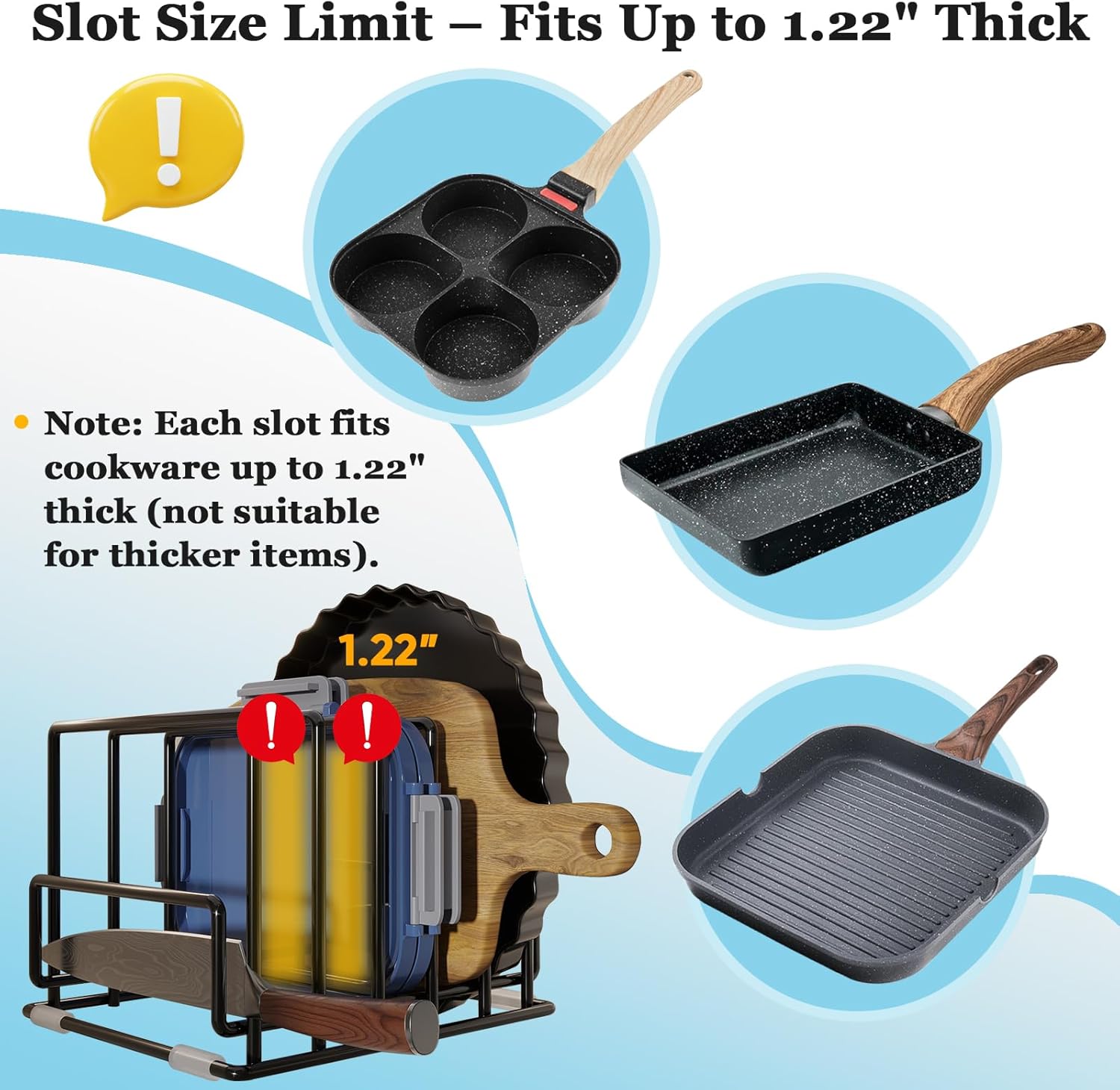 Cutting Board Organizer Rack with 7 Compartments, Heavy-Duty Iron Pan and Baking Sheet Organizer, Kitchen Cabinet Storage Rack with Non-Slip Base, Space-Saving Pot Lid Holder for Countertop & Pantry - Image 4