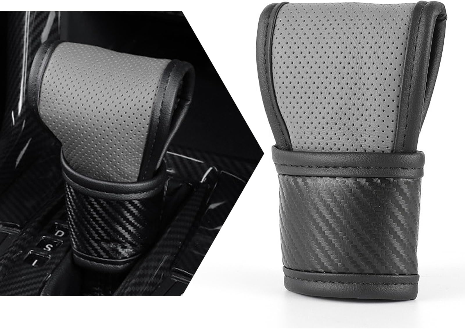 UGSHY 1 PC Car Shift Knob Cover, Perforated Breathable Sweat-Absorbent Leather Shift Lever Anti-Scratch Protective Cover, Side Opening Design for All Seasons, Universal Car Interior Accessory (Gray)