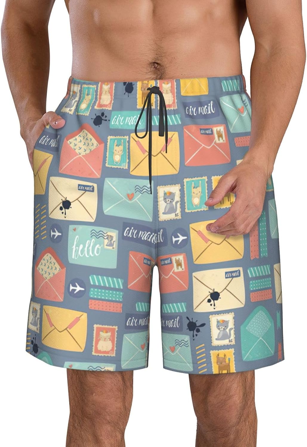 Postal Stationery Print Men's Hawaiian Beach Shorts Elastic Novelty Summer Casual Shorts with Pocket