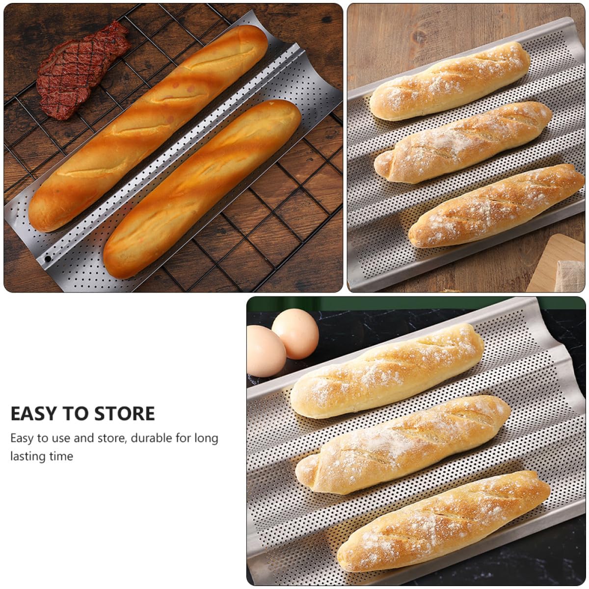 TOYANDONA Molde para Hornear Pan Francés Antiadherente de Acero Inoxidable Pack 2 Piezas 3 Ranuras Mediano 2 Ranuras Pequeño Sartén Perforada para Repostería y Uso Doméstico