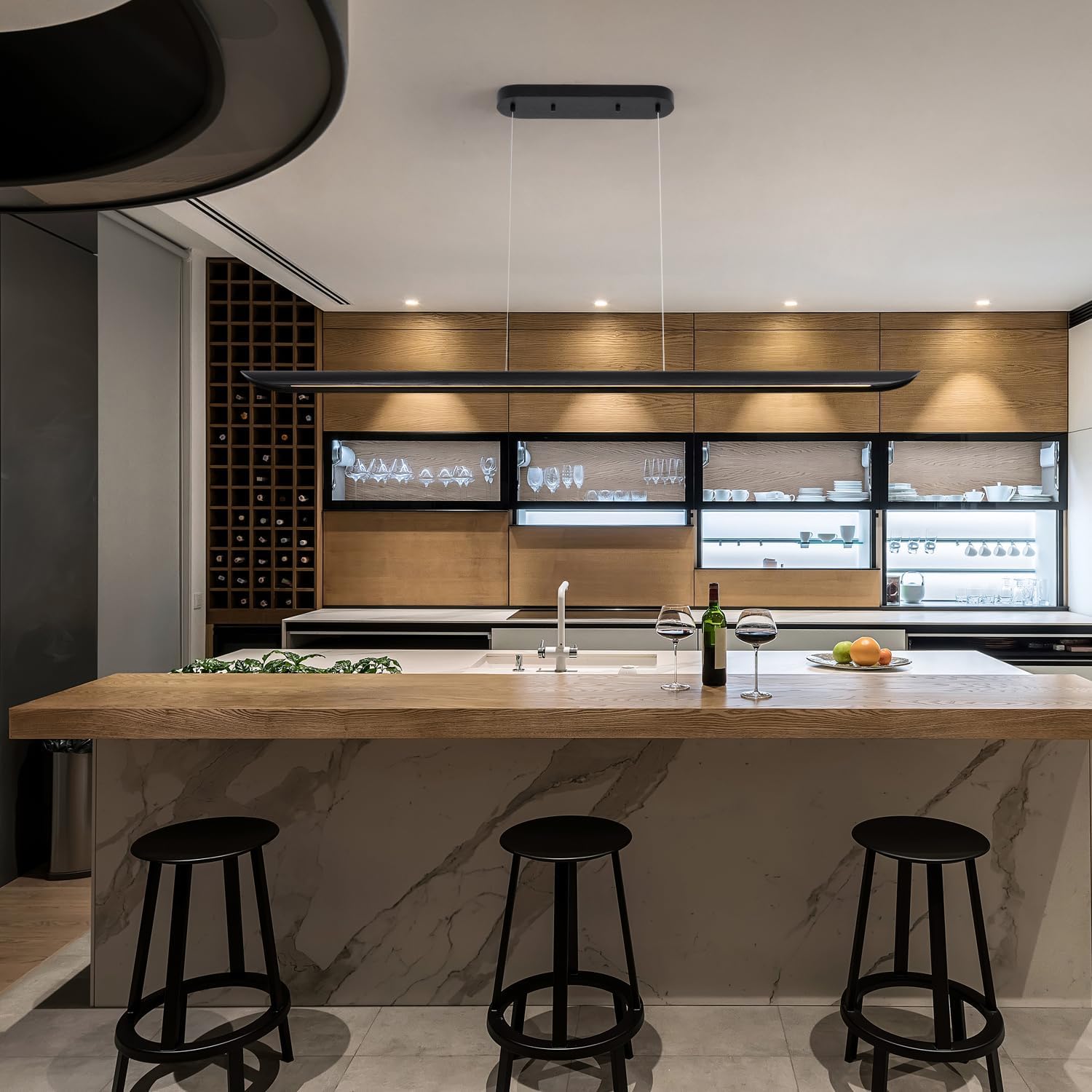 55" Modern LED Linear Pendant Light,Dimmable Kitchen Island Light 40W LED lsland Lights for Kitchen,Adjustable Linear Chandelier for Dinning Room Light Fixture, Bar, Pool Table Light Black Wood Finish