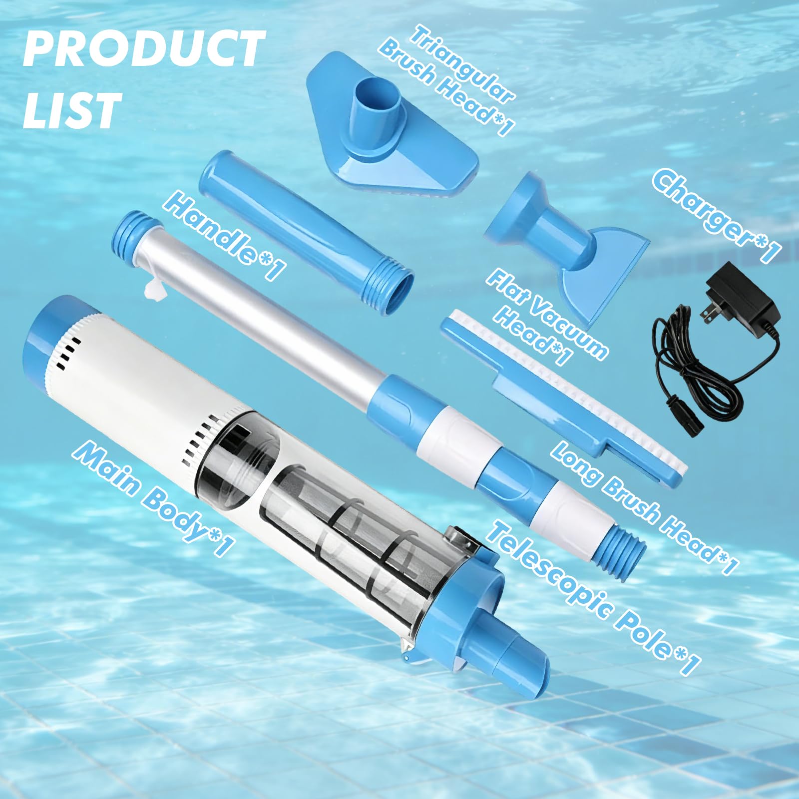 3 en 1 Aspirateur de Piscine sans Fil Aspirateur avec 165cm Perche Rétractable Nettoyeur Électrique à Batterie Rechargeable Portable Hors Sol Spirateur 90 Min D’Autonomie pour Piscine,Jacuzzi,Spa