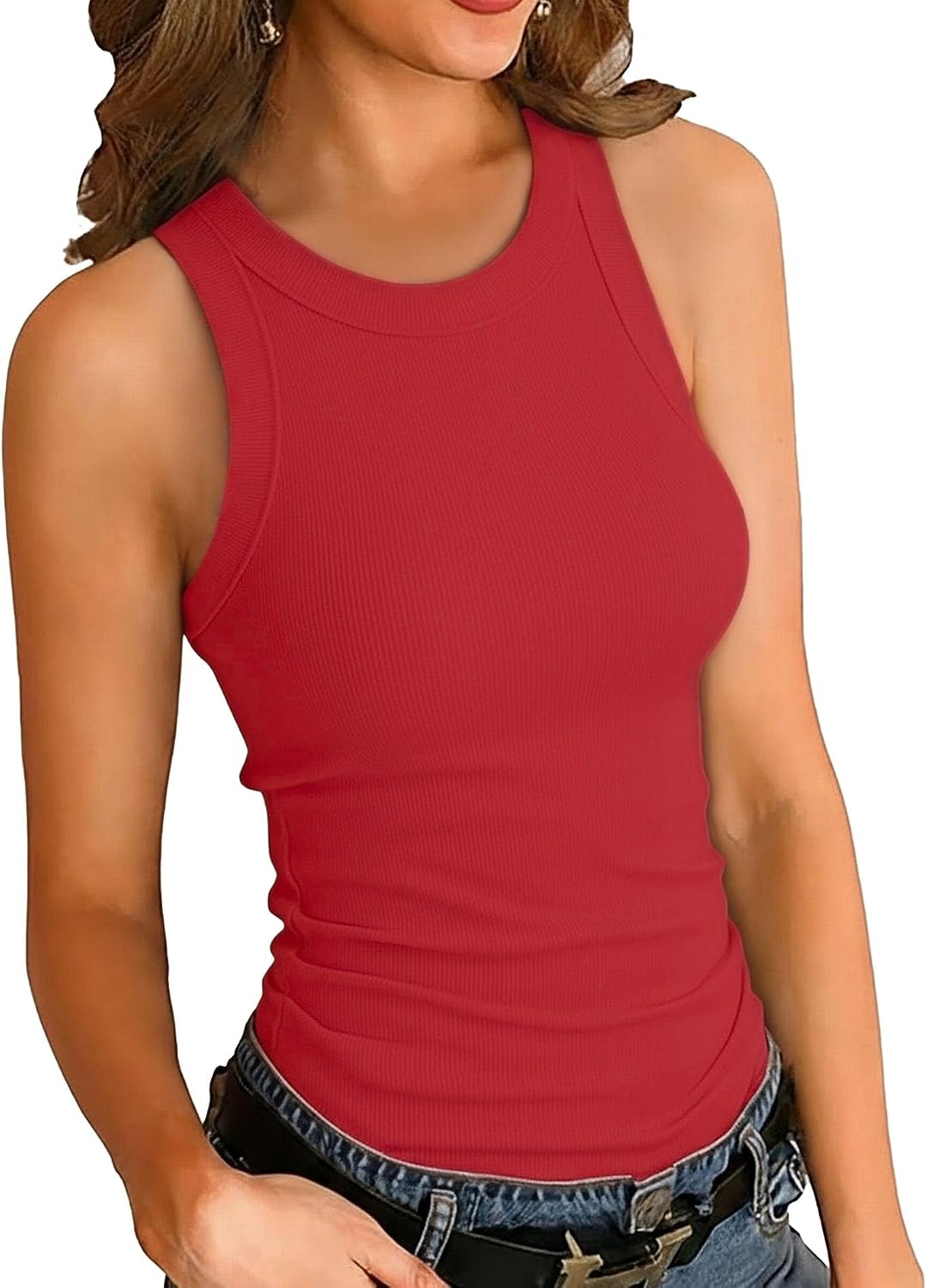 Women Tank Tops Round Neck Sleeveless Cami Shirt Slim Solid Ribbed Tank Top