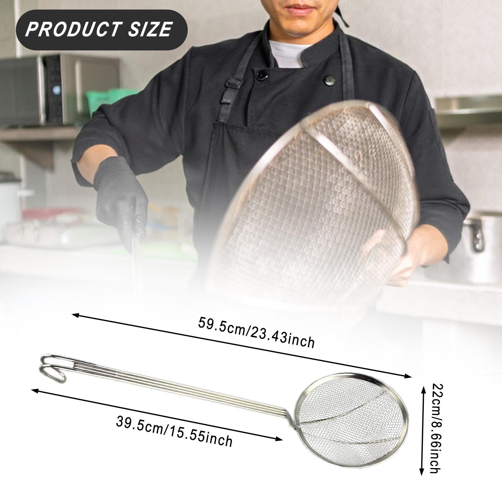 Łyżka durszlakowa, łyżka cedzakowa, sito kuchenne ze stali nierdzewnej, do odcedzania, chochla o drobnych oczkach, ergonomiczna gotowania i smażenia makaronu, 20 cm(22cm)