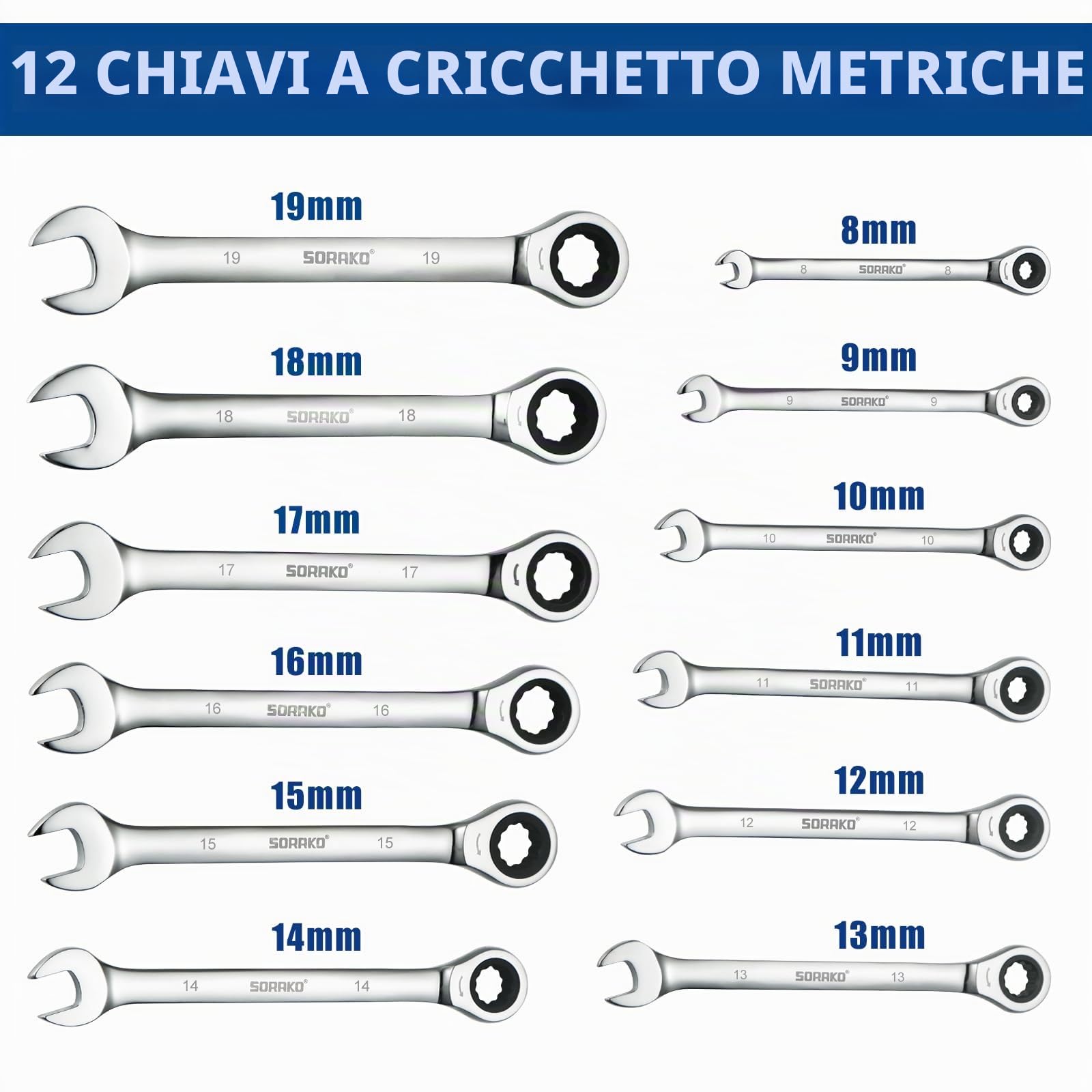 SORAKO Set di chiavi a cricchetto, 12 pezzi, chiavi combinate a 72 denti, ingranaggi a cricchetto da 8-19 mm, set di chiavi combinate a testa fissa, in sacchetto arrotolato