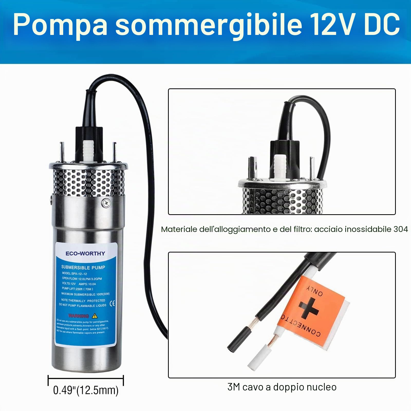 DCHOUSE Pompa Sommergibile per Pozzi 12V DC in Acciaio Inossidabile, Alimentata a Energia Solare, Altezza di Sollevamento 70 m, Profondità Massima di Immersione 30 m