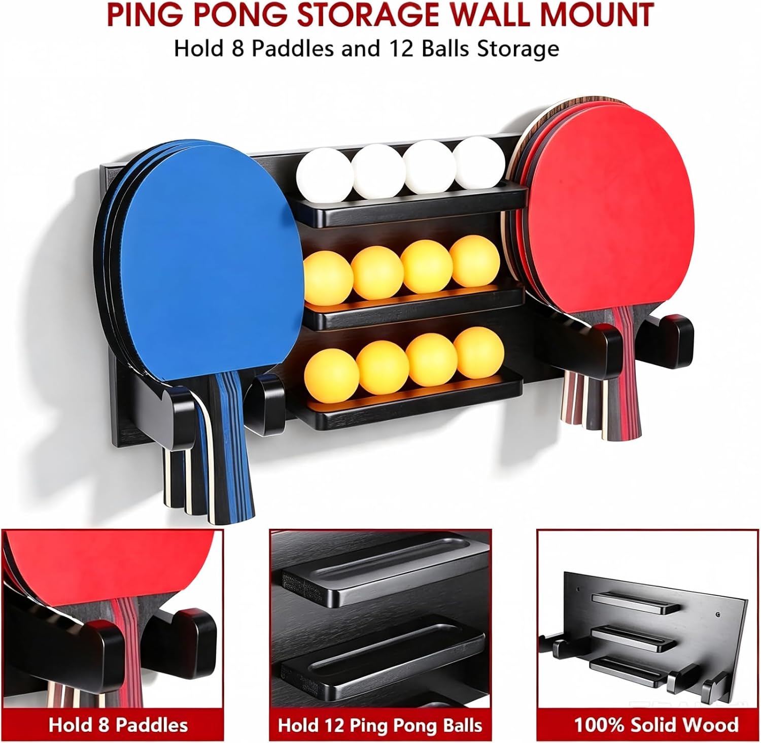 Ping Pong Paddle Holder, Ping Pong Paddle Storage Rack Wall Mounted Holds 8 Paddles and 12 Balls, Table Tennis Racket Display Organizer for Game Room,Home image 2
