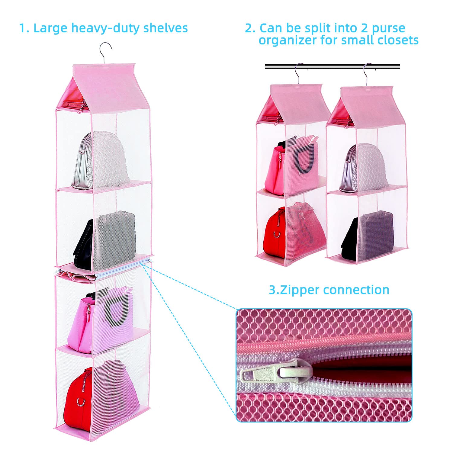 KEEPJOY Organizador de bolso para armario, organizador de bolso colgante con 4 estantes de malla resistente (rosa)