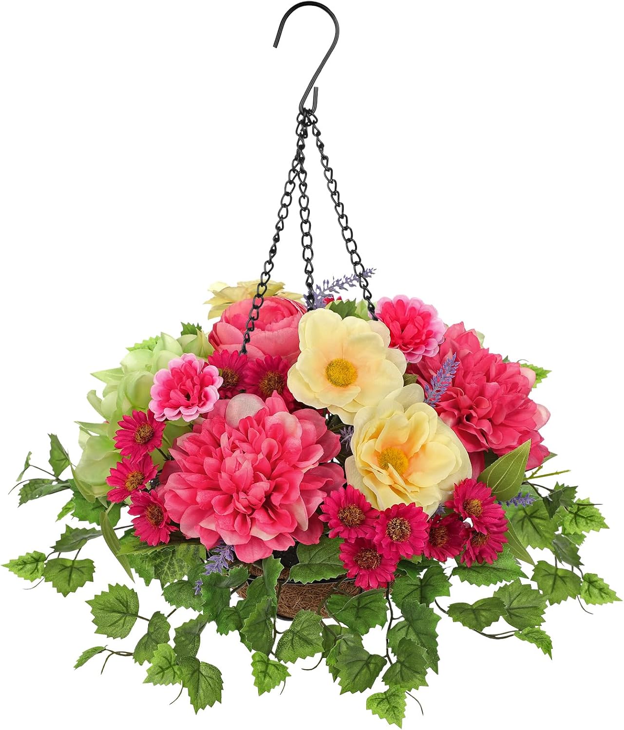 Briful Artificial Hanging Basket Flowers with Chain Hook, Fake Hanging Flowers with Silk Roses & Daisies, Faux Flowers Hanging Decor for Outdoor Porch Patio Garden Balcony