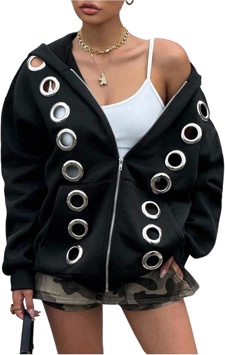 GORGLITTER Women's Oversized Zip Up Hoodie Y2k Grommet Goth Emo Sweatshirt Fall Grunge Streetwear Jacket 2025 Black Medium