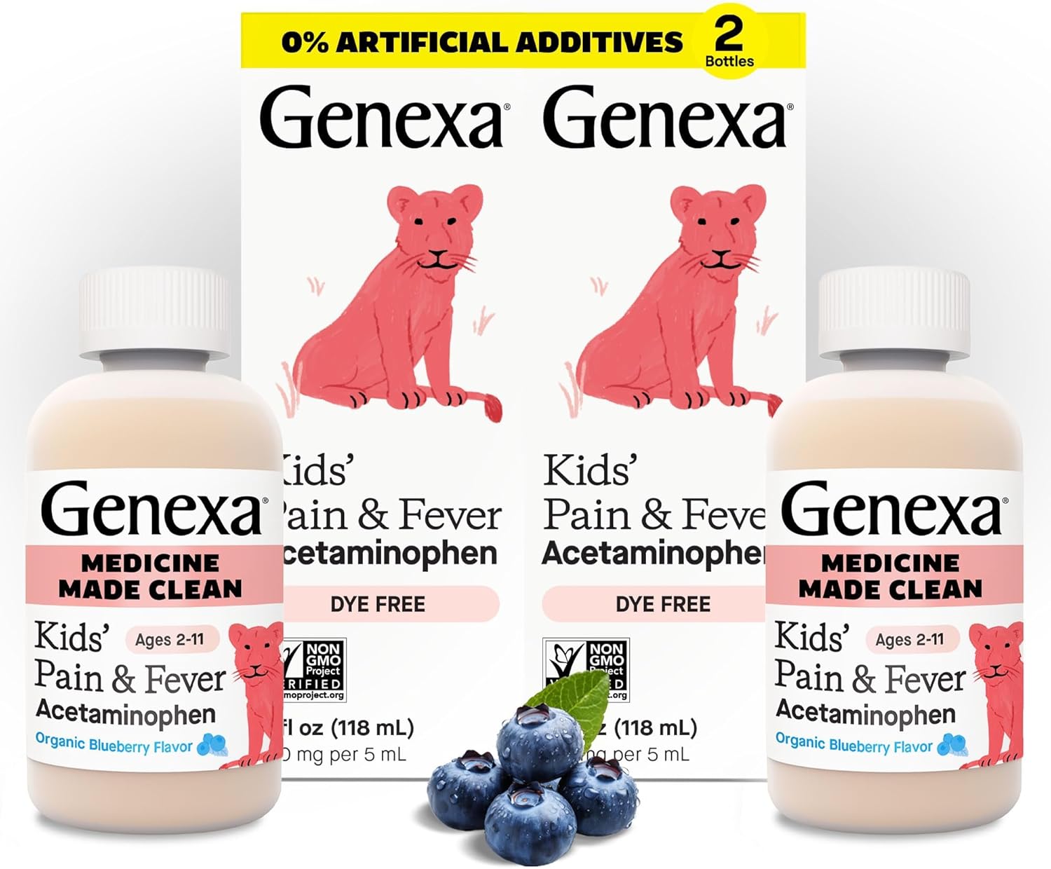 Genexa Kids’ Clean Pain & Fever Acetaminophen, Dye Free, 0% Artificial Additives, Delicious Organic Blueberry Flavor, Liquid Oral Suspension Medicine, Children 2-11, 160 mg per 5mL, 8 fl oz (2 Pack) Genexa Kids’ Clean Pain & Fever Acetaminophen, Dye Free, 0% Artificial Additives, Delicious Organic Blueberry Flavor, Liquid Oral Suspension Medicine, Children 2-11, 160 mg per 5mL, 8 fl oz (2 Pack)