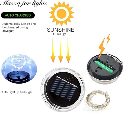 Miniatura 2 de VOOKRY Paquete de 6 luces solares para tarros de masón, 30 tapas LED para tarros de masón, impermeables, con 6 ganchos (sin tarros), para patio al