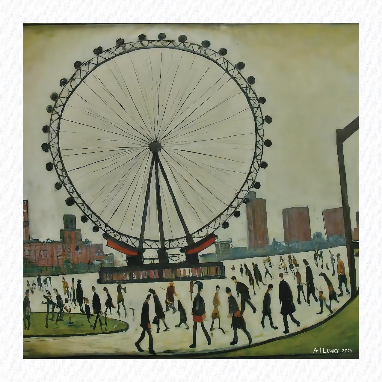 Greetingles Lowry Inspired Giclée Art Print 21cm/8.25" Square. Made in UK. (London Eye)