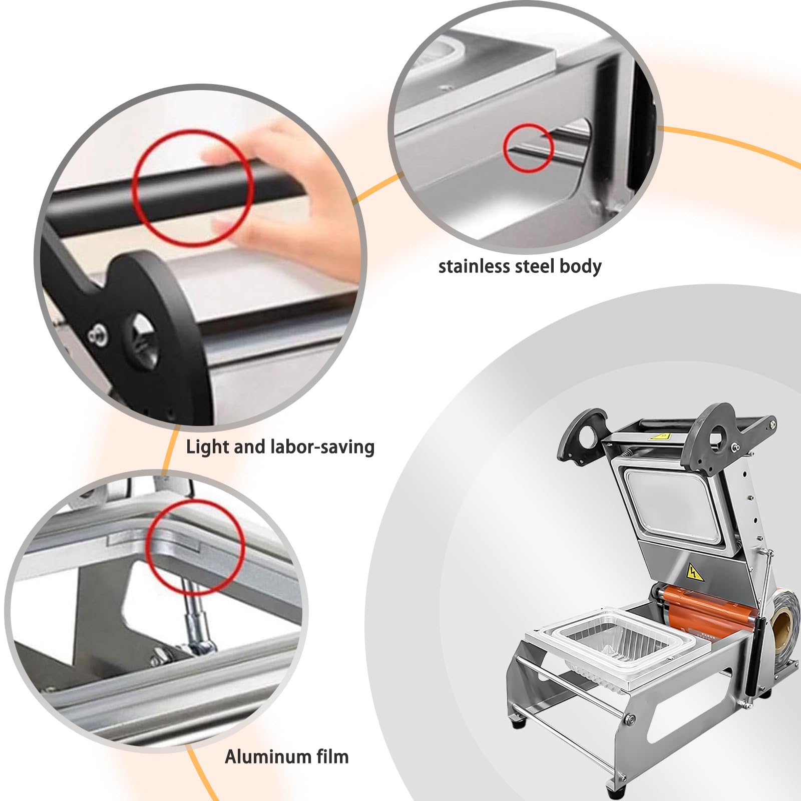 Selladora Manual de Bandejas para Alimentos, Sellado por Presión para Envases de Comida para Llevar, con Mango Antideslizante y Portarrollos – para Carne, Comida Preparada, Fruta A