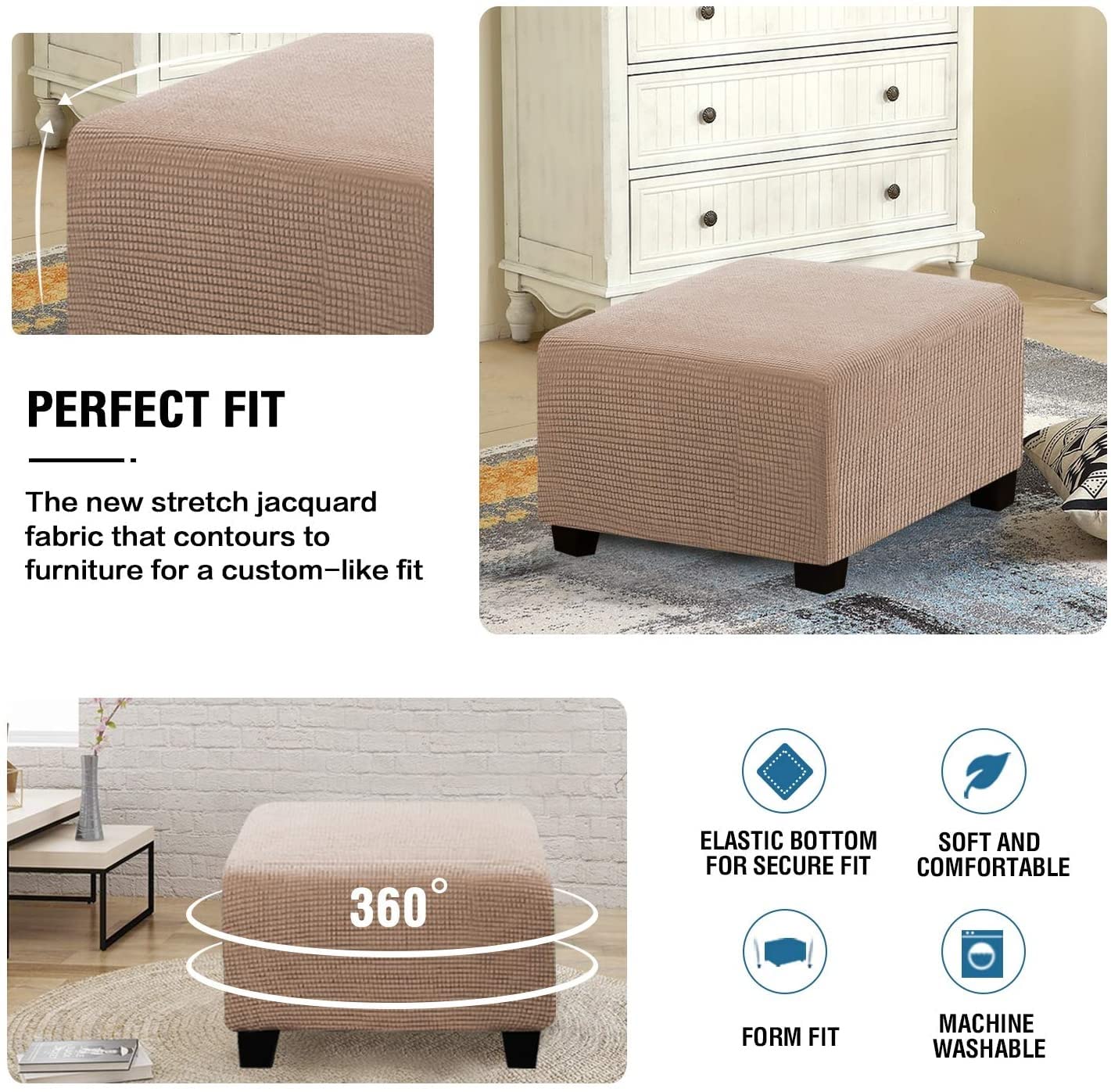 Housse De Pouf Carrée WWQQKJ - Tissu Jacquard Élastique - Fond Élastique - Protection Anti-Poussière & Décoration - Plusieurs Tailles