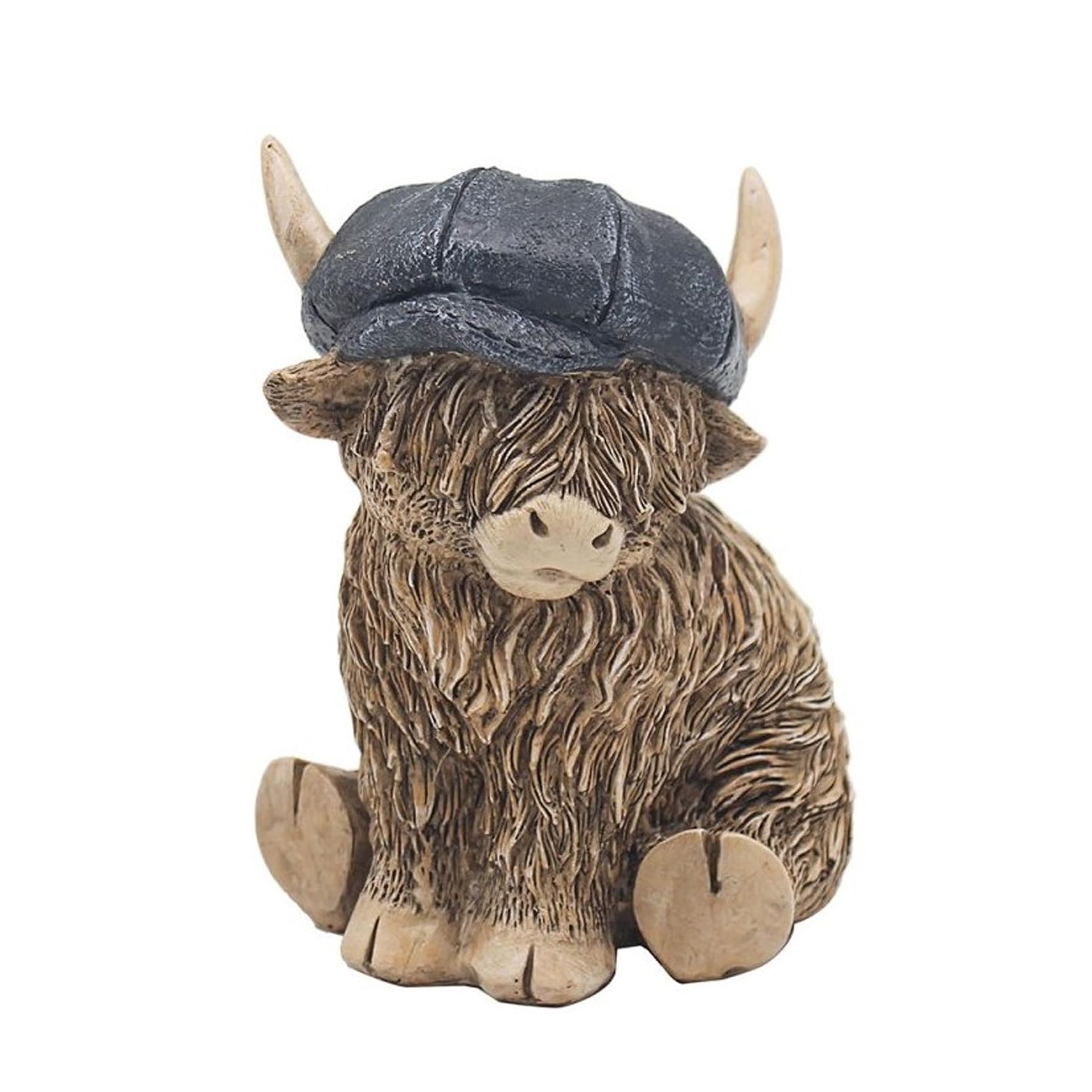 Widdle Gifts Reflections Bronze Resin Animal Ornament - 12cm Highland Cow With Blue Hat 6556