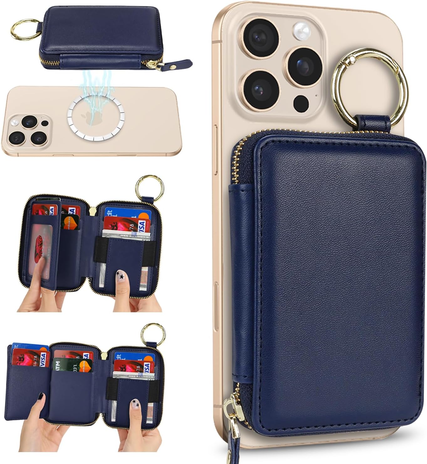 Compatible with MagSafe Wallet,Magnetic Phone Wallet Card Holder for iPhone 17/16 Pro Max/15 plus/14 Pro/13/12 Series,PU Leather Zipper Pocket Adjustable Stand-Blue