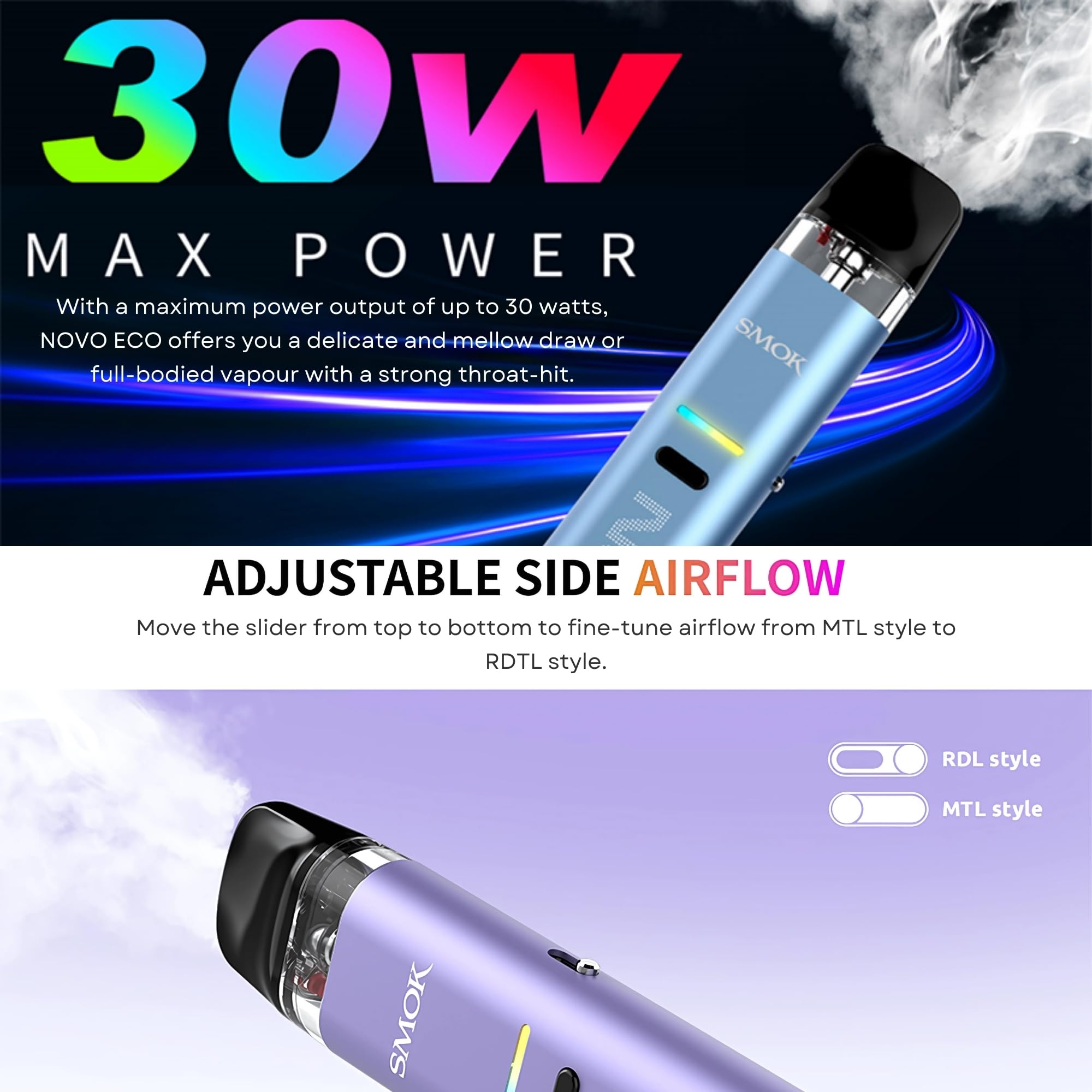 SMOK Novo ECO Pod Vape Kit - E-cigarette Starter Vape Kit, Long Lasting  1000mAh Battery, Inhale Activated, 30W, All Vaping Style, Adjustable  Airflow, Top-Fill SLR Pod, No Nicotine (Black): Amazon.co.uk: Electronics &
