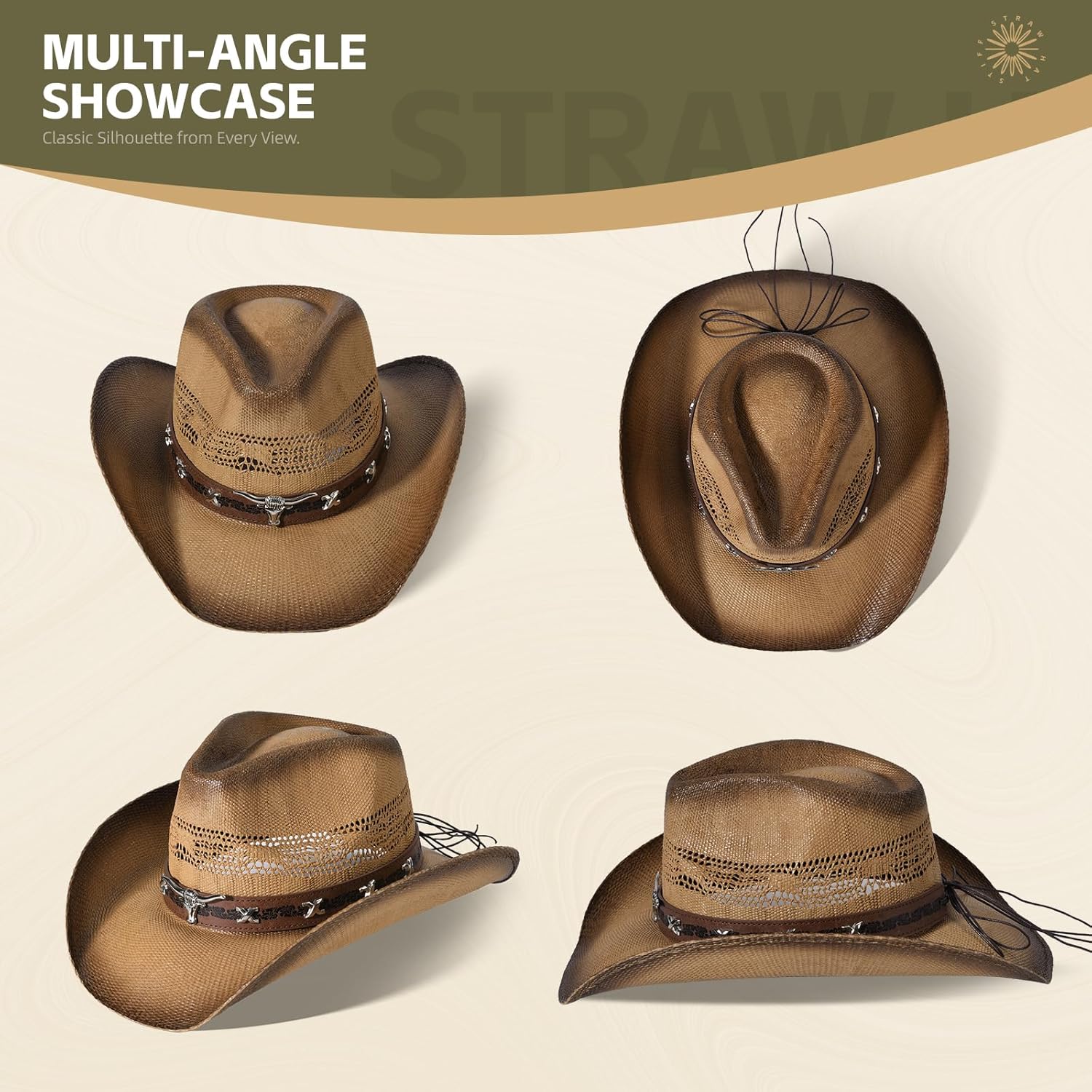 Cowboy Hats for Women & Men Brown Straw Cowboy Hat Wide Brim Western Cowgirl Hats Summer Sun Hat
