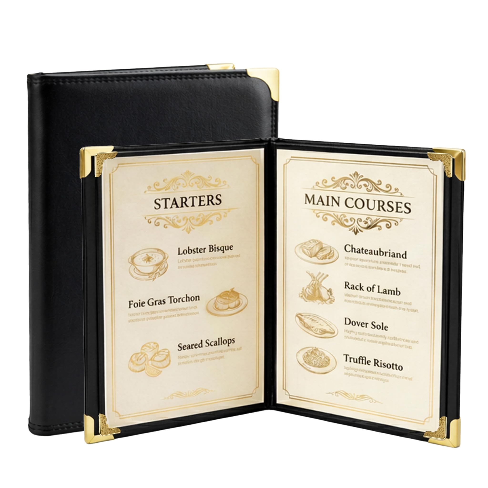 Restaurant Menu Covers 8.5 x 11 – 2 Pack Menu Holder, 2 Page 4 View Faux Leather Menu Book with Clear PVC Sleeves | Waterproof & Durable for
