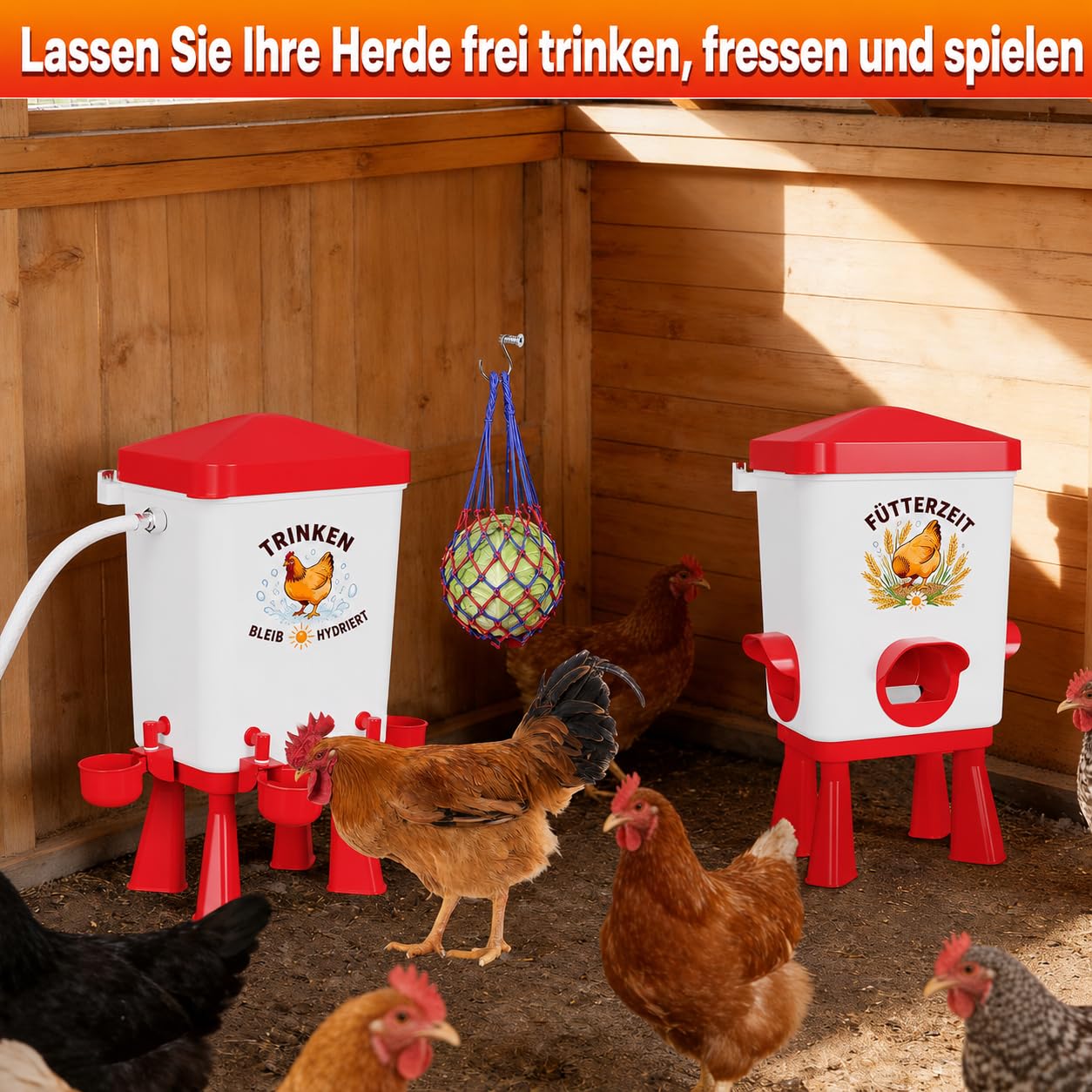 Automatischer Futterautomat Hühner 12KG & Hühnertränke 11.4L mit Schwimmerventil, Geflügeltränke, 4 Näpfe, 3 Anschlüsse, Wassertränke Futterspender Hühner, Zubehör für Stall, Tauben, Wachteln (Rot)