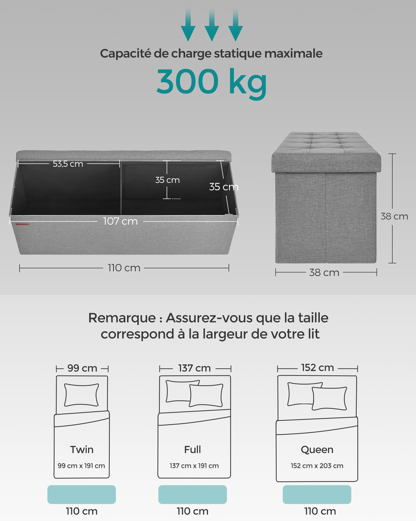 SONGMICS Mazie Collection - Banc de Rangement, Repose-Pieds Pliable de 110 cm, Bout de Lit, Montage Facile, pour Salon, Chambre, Entrée, Gris Clair LSF77G
