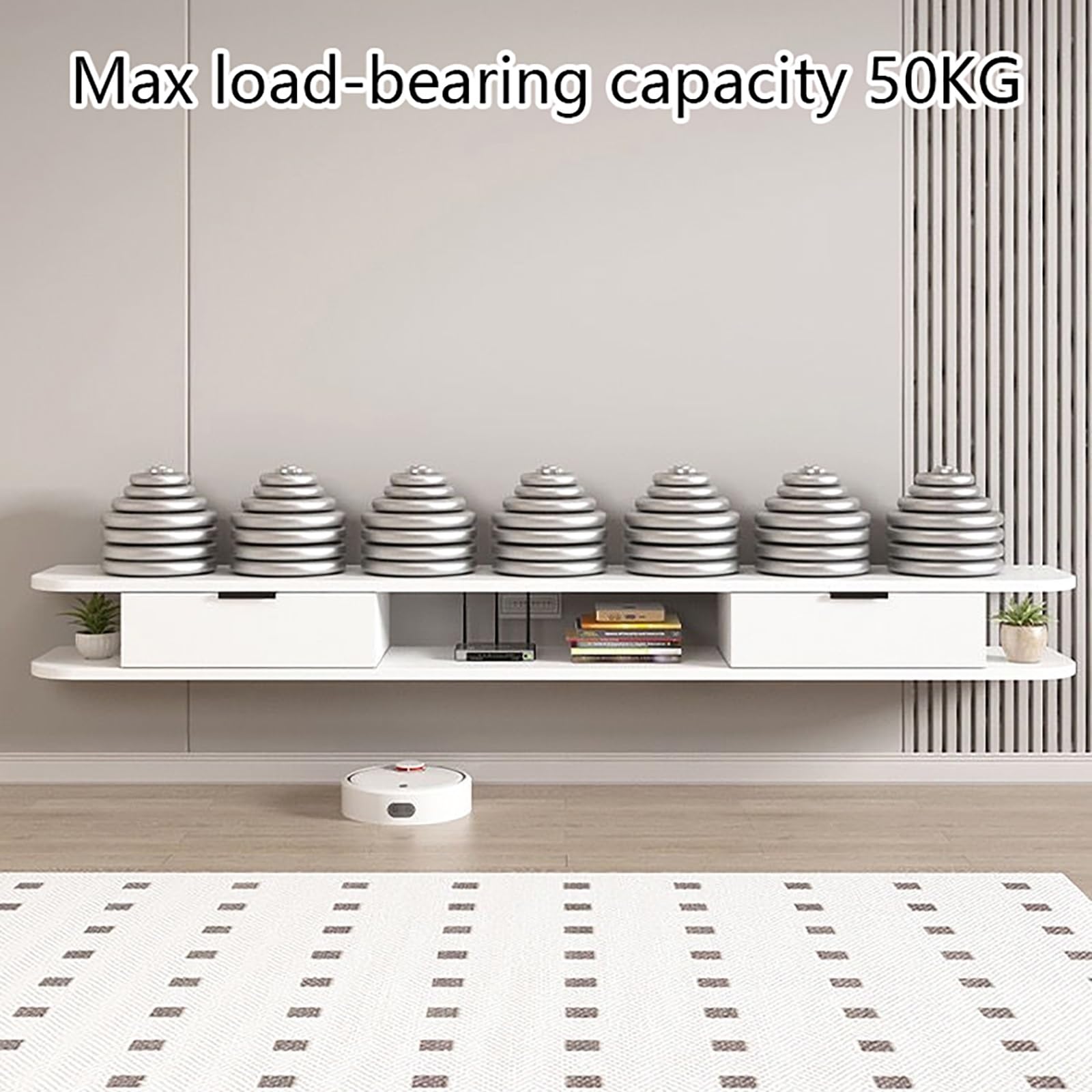Mobile TV Sospeso, Console Multimediale Sospesa A Parete, Mobile Porta TV, Mensola In Legno Con Cassetti Per Lettore DVD, Decoder, Console Per Videogiochi(All Gray,200x22x18cm)