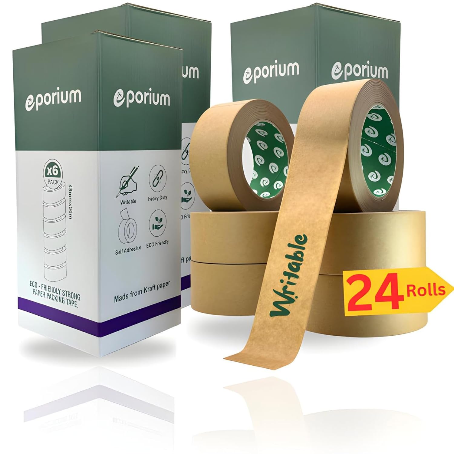 Paper Packing Tape, Self Adhesive Recyclabe, Eco Friendly Heavy Duty Writable & Uncoated Packaging Tape for Box Sealing, Masking, Moving Supplies, 2 in. x 55 Yd. (24 Rolls)