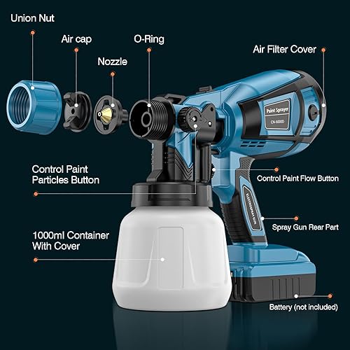 Miniatura 9 de Pulverizador de pintura HVLP inalámbrico para batería Dewalt de 20 V máx. con 6 boquillas de cobre y 3 patrones, pistola de pintura eléctrica para