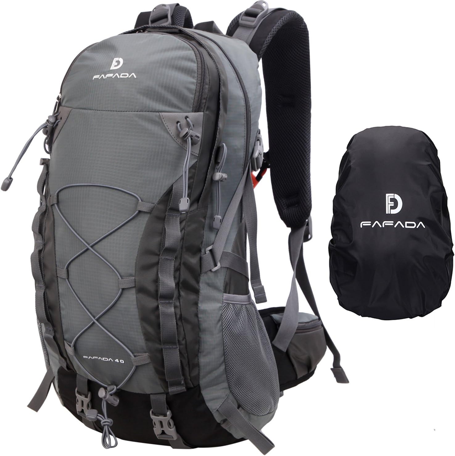 Fafada Rucksack Backpack Dayback with Rain Cover 40L Hiking Travel Camping Bag Pack for Men Women Waterproof Nylon Gray