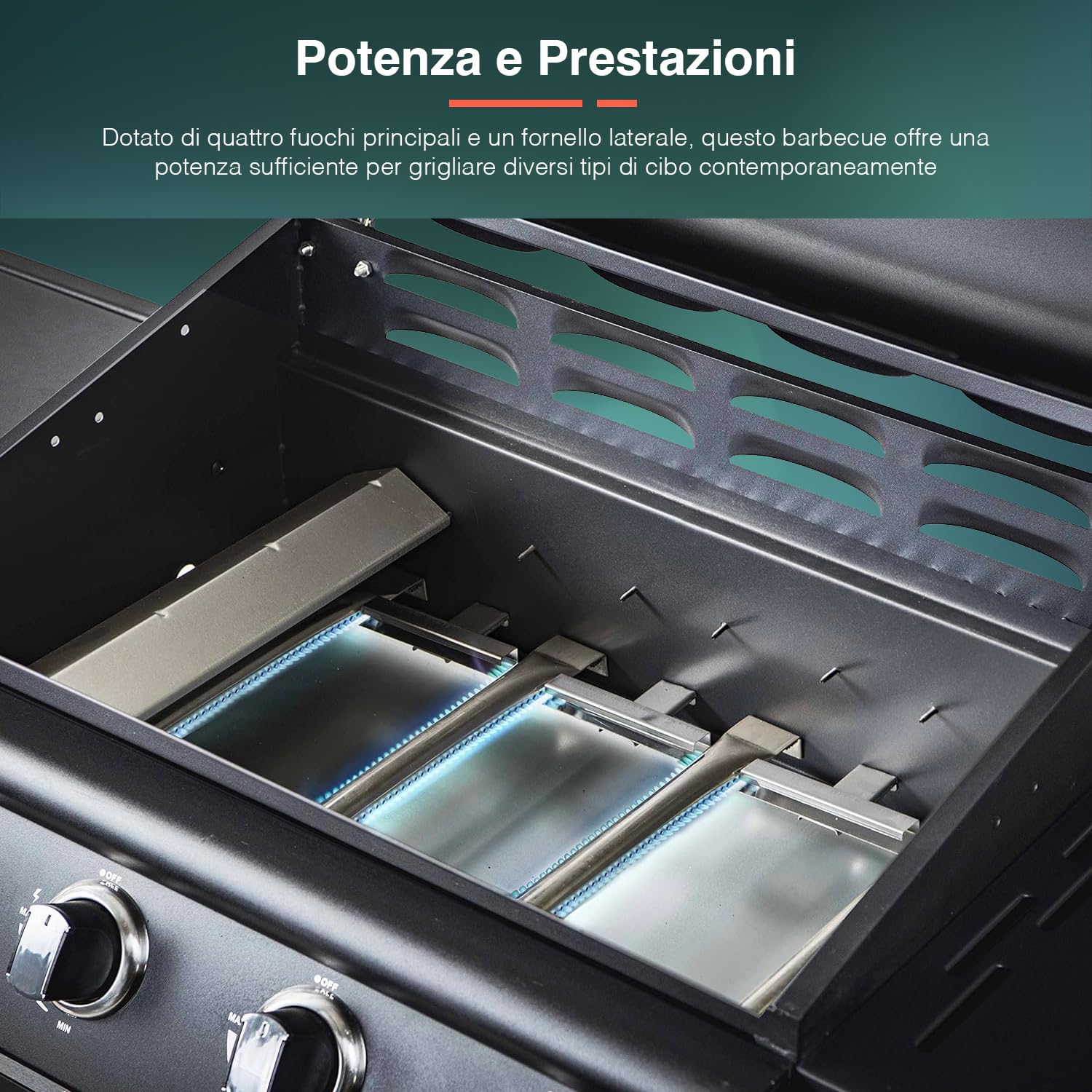 Avilia BBQ Gas 4 Bruciatori, Fornello Laterale, Doppia Griglia, Termometro Integrato e 4 ruote, in Acciaio Lucido Ideale per Giardini e Terrazzi, 136x53x105.5cm, Nero