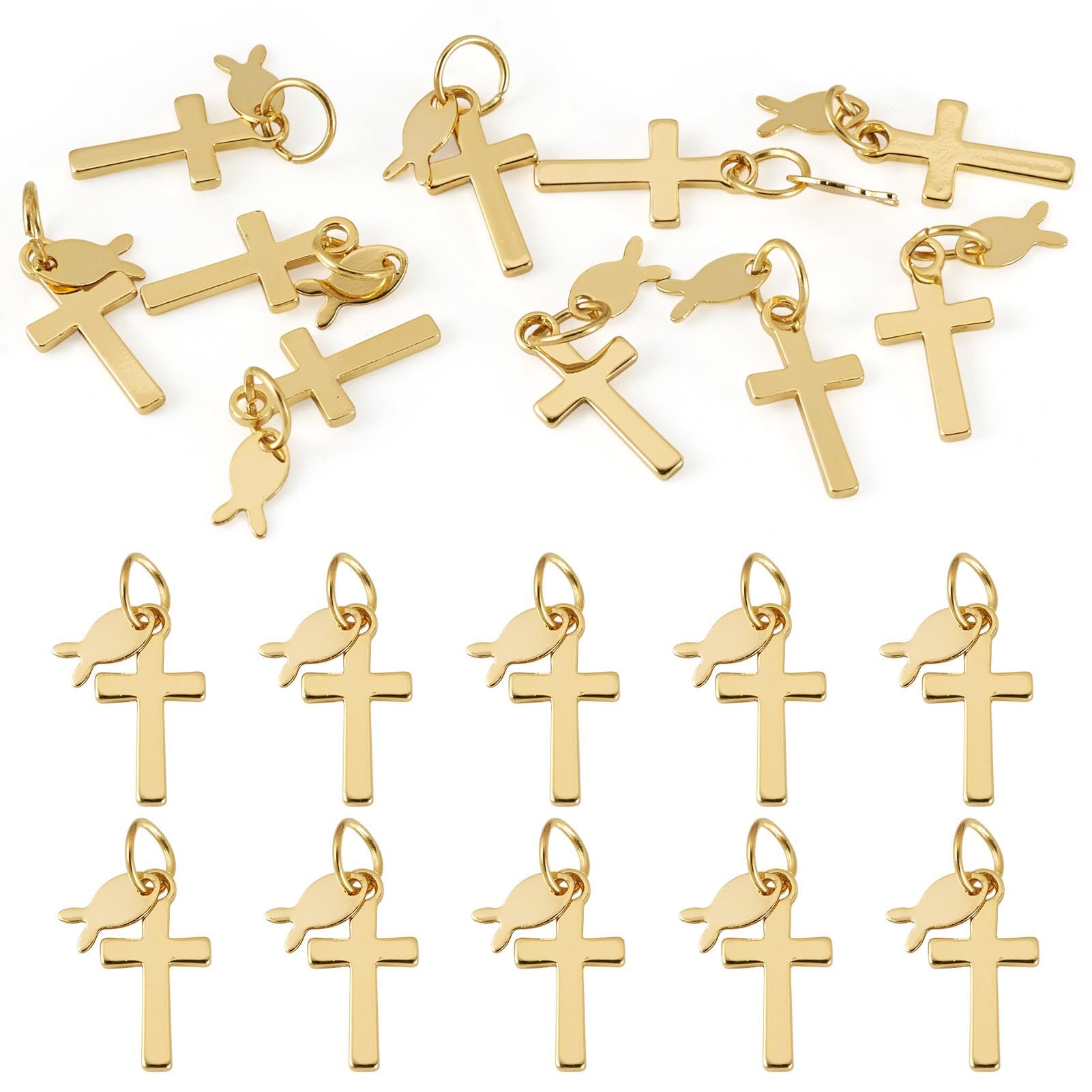 Craftdady Cross Charms 18K Gold Plated Crucifix Pendants Small Cross Easter Charms with Stainless Steel Jump Rings for DIY Necklace Earring Bracelet Jewelry Making