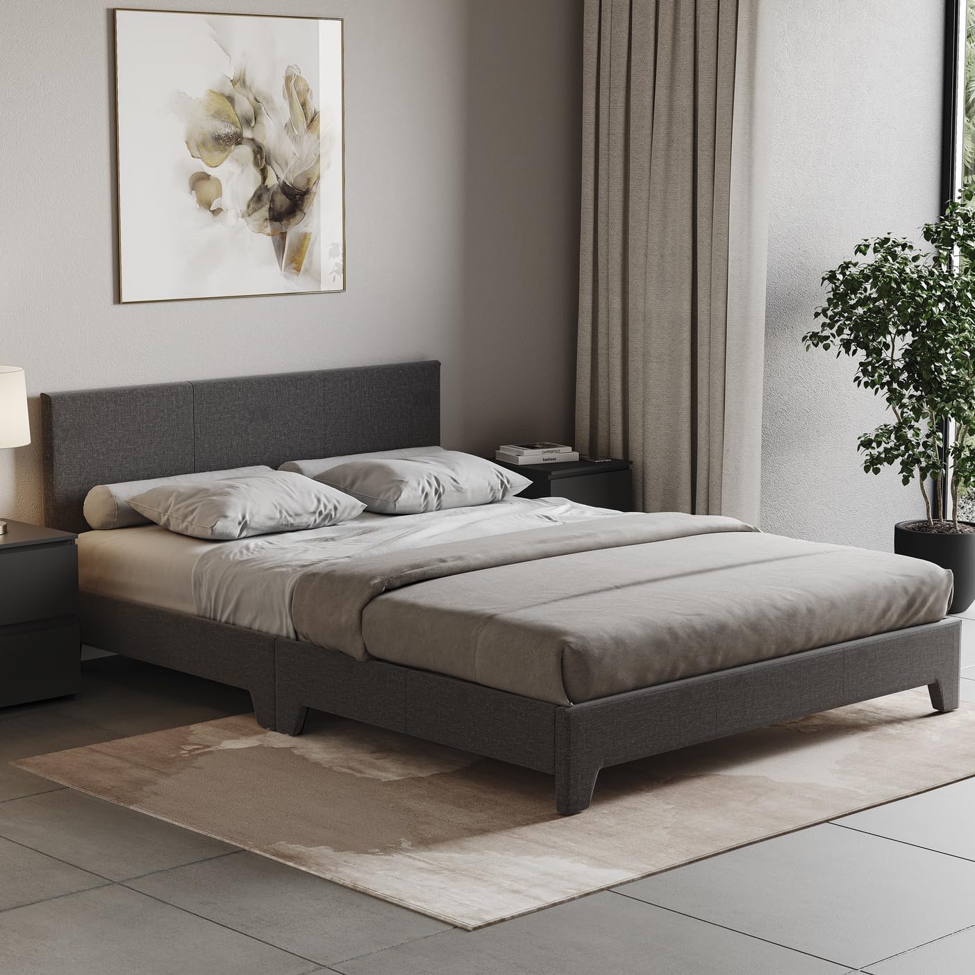 Vida Designs Victoria King Bed Frame | Dark Grey Linen | 77 H x 155 W x 207 D cm | Upholstered Fabric | Cushion Headboard | Easy Assembly | Slat Support | Premium Bedroom Furniture