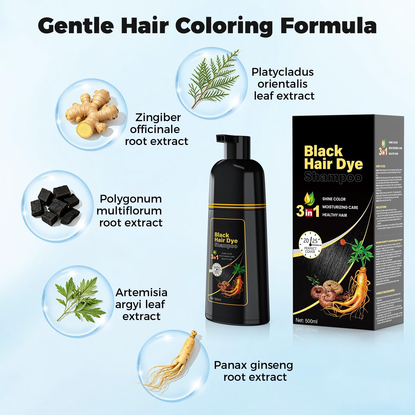 Black Hair Dye Shampoo 3 in1 for Women&Men, Hair Dye Shampoo with