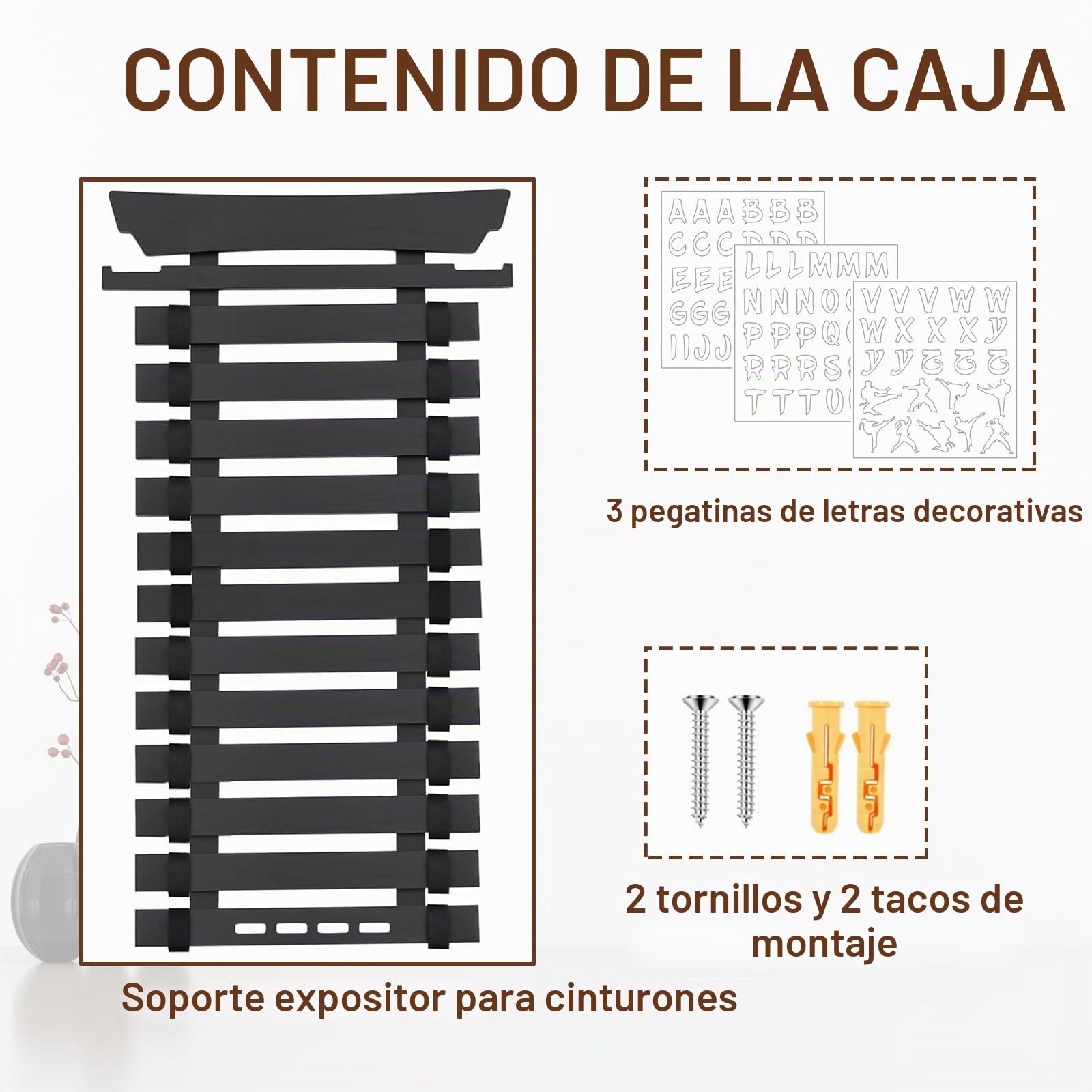 Estante de exhibición de cinturón de karate, soporte de exhibición de cinturón de arte marcial con calcomanías, organizador de cinturón de taekwondo para niños y adultos, organizador de