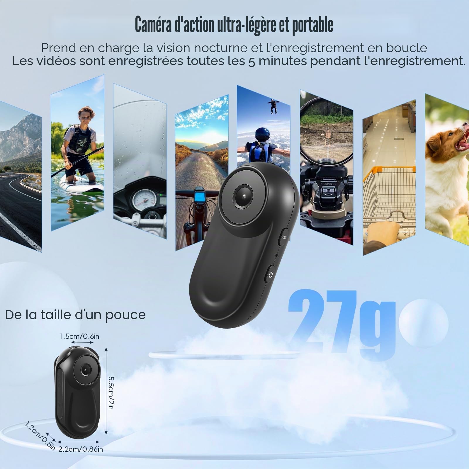 Mini Caméra Sport 1080P, 64 GB Action Cam Portable, 130° Caméra de Casque Moto, Caméras d'action pour Sports Extérieurs et Équitation pour Casque de Vélo et Moto