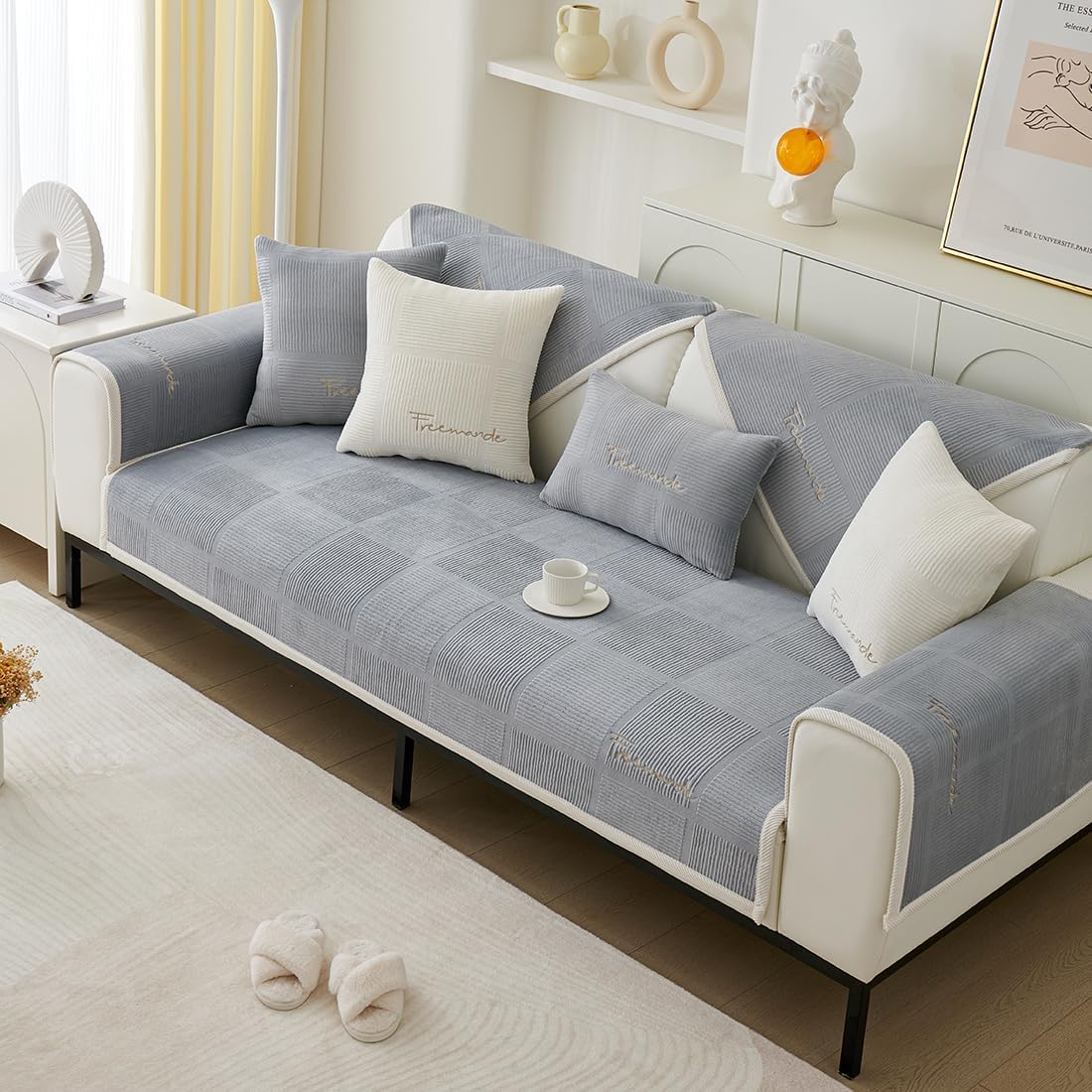 vctops Soft Velvet Sofa Cover Embroidered Sectional Couch Covers Non Slip Sofa Slipcover Furniture Protector for Kids Dogs Pet, 1 Piece/Not All Set (Grey,43"x63")