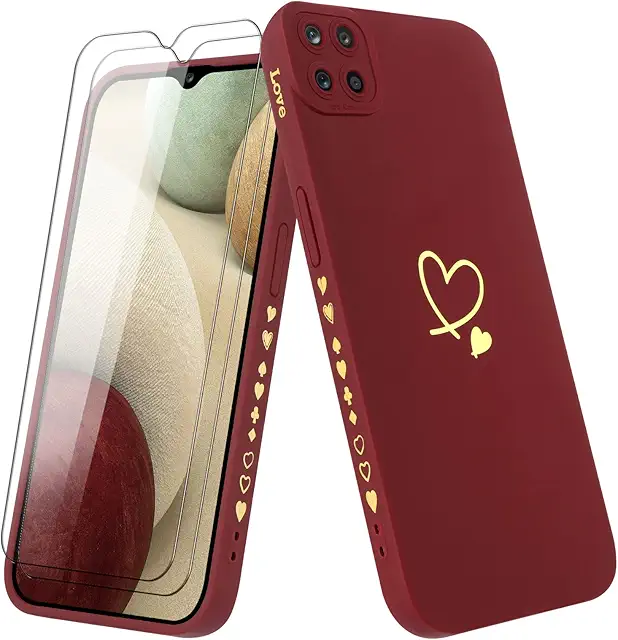 Coque Samsung A12 avec verre trempé et motif cœur bordeaux - Housse antichoc fille