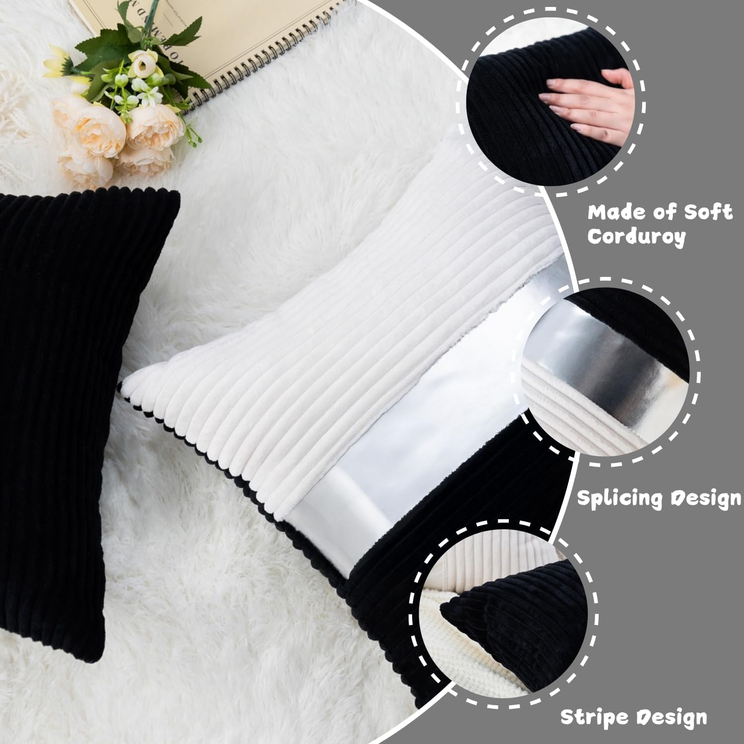 Black and Cream White Boho Striped Corduroy Throw Pillow Covers with Silver Leather Patchwork 20x20 Inch, Pack of 2, Double-Sided, Soft Spring Decorative Pillows for Couch and Living Room