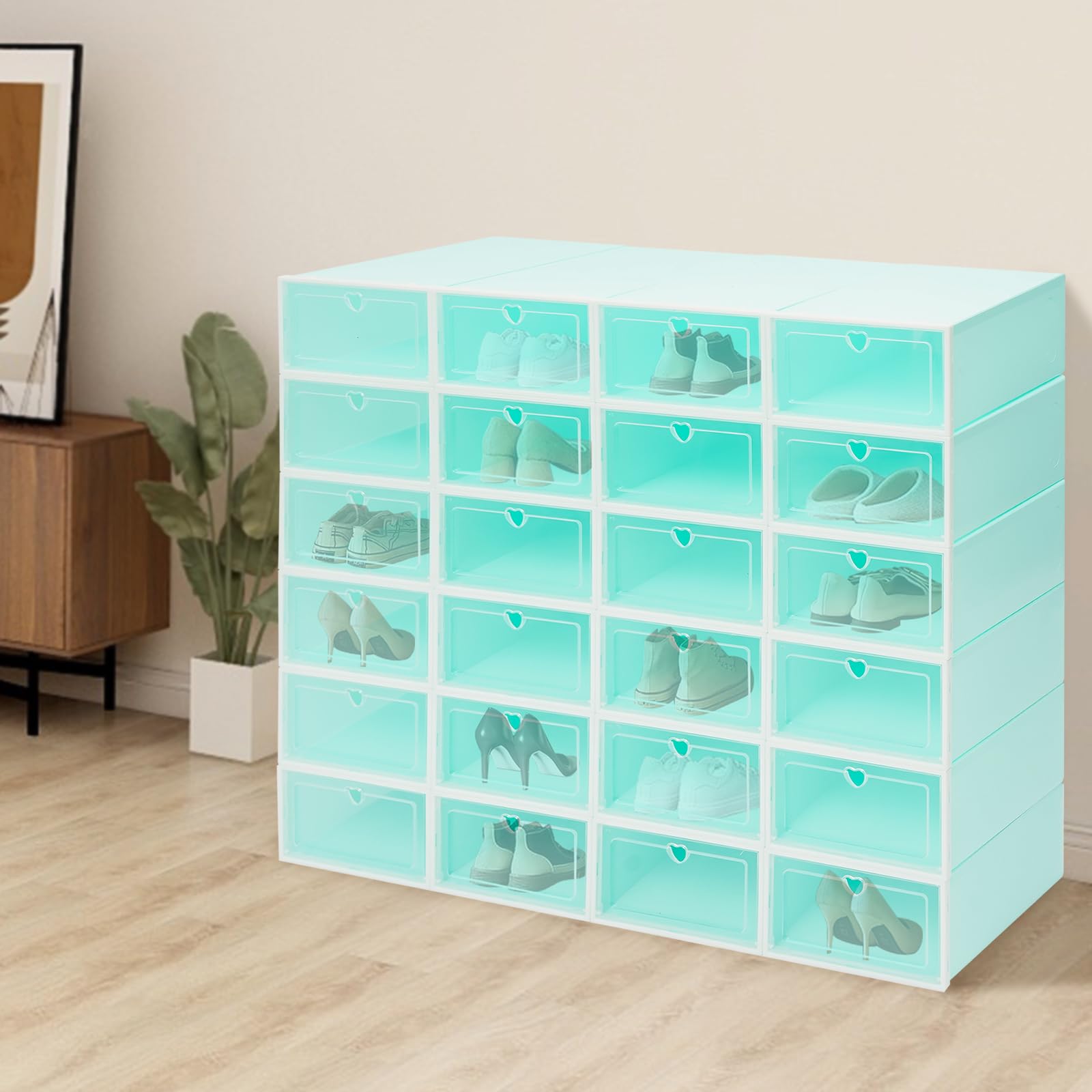 24er-Set Transparent Schuhboxen Stapelbar Schuhkarton mit Durchsichtiger Tür Faltbar Schuhaufbewahrung für Schuhe bis Länge 31 CM