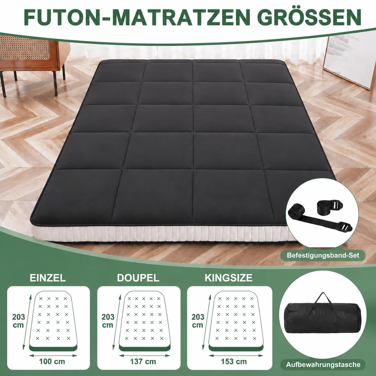 Futon Matratze 153x203cm Klappmatratze - 10cm dick Japanische Klappmatratze, Futon Gästebett, Bodenmatratze, Tragbar Matratze Faltbar für Tatami, Schlafsälebett, Camping, Wohnmobil - Schwarz