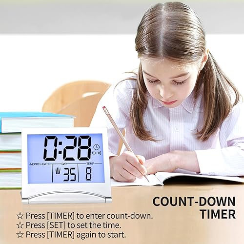 Miniatura 5 de Betus Reloj despertador digital de viaje con retroiluminación blanca, calendario plegable, temporizador de temperatura, reloj LCD con modo de